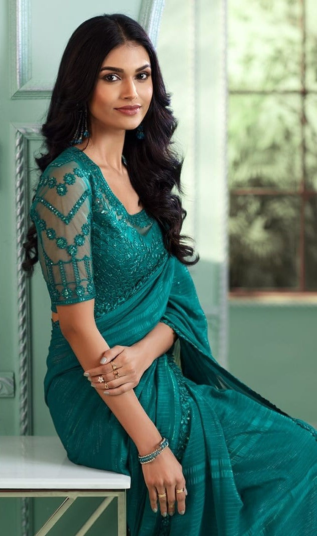 Heavy Georgette Saree Rich Sea Green Color (A14)