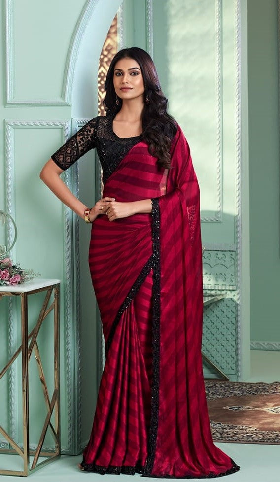 Party Wear Red Georgette Saree with Black Bouse (A6)
