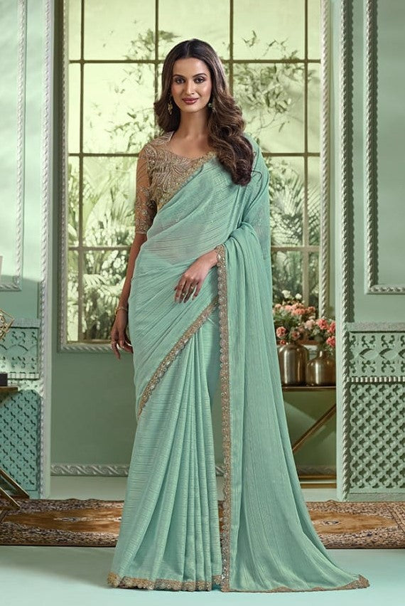 Rich Light Pista Georgette Saree with Classy Bouse for Party Wear (A5)