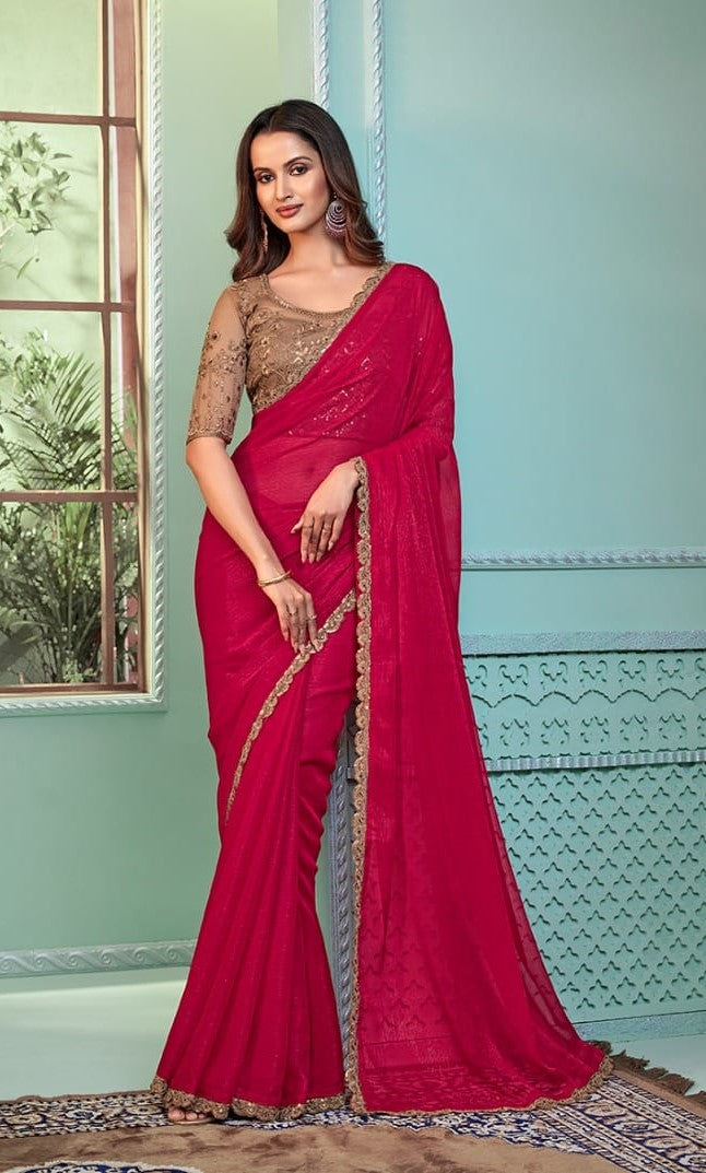 Red Party Wear Saree with Rich Copper Bouse (A1)