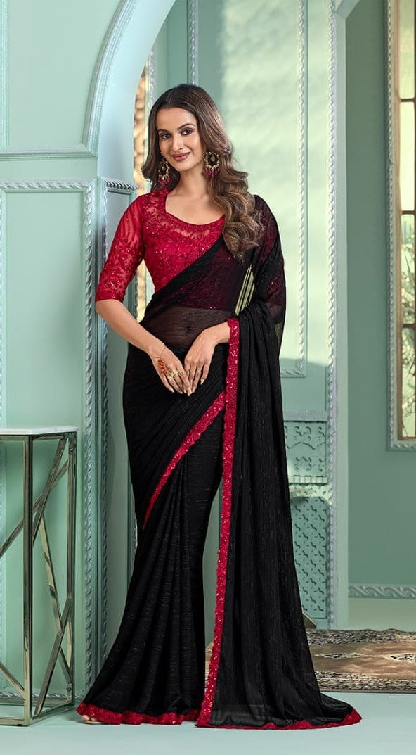 Party Wear Black Saree with Red Bouse & Border (A15)