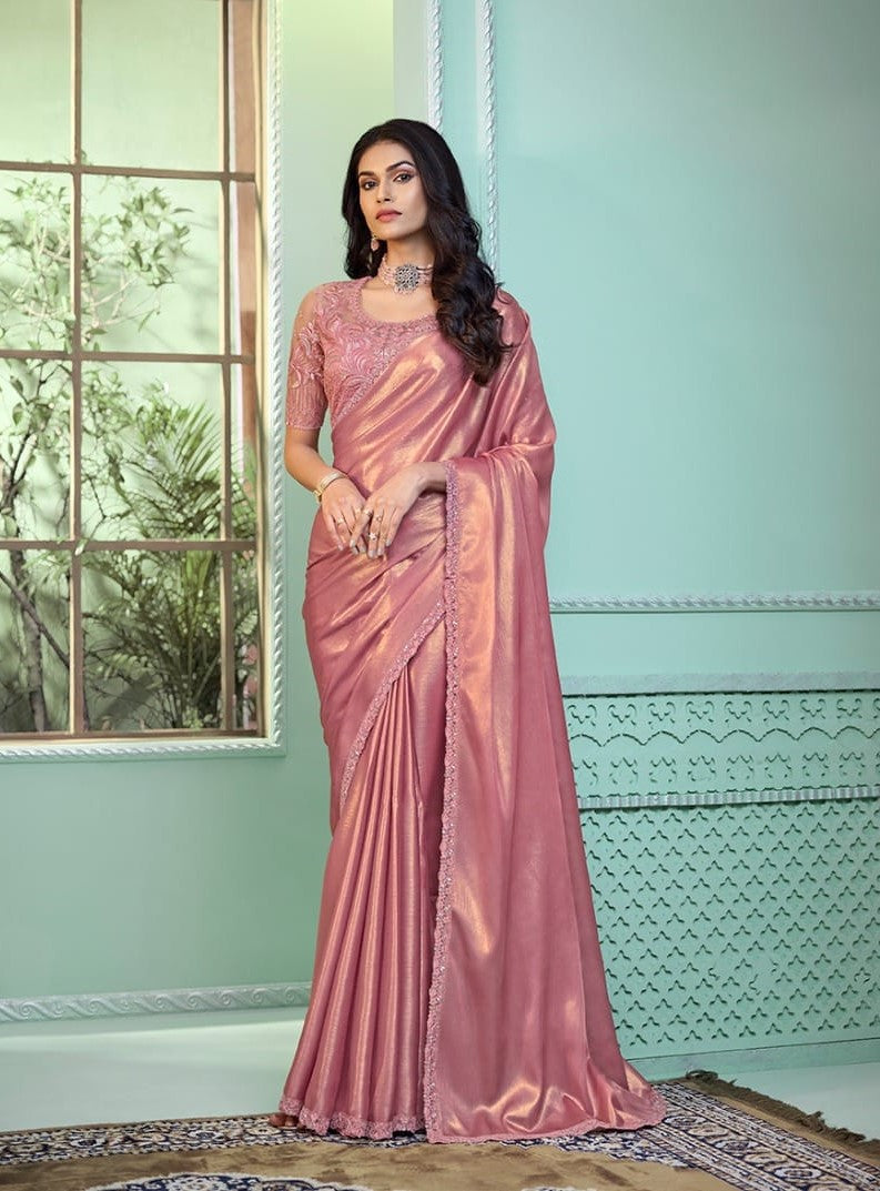 Shiny Pink Saree with Bouse for Special Occasion Saree (A10)