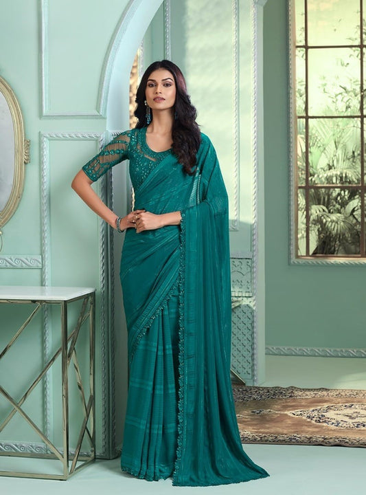 Heavy Georgette Saree Rich Sea Green Color (A14)