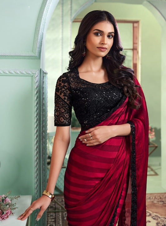 Party Wear Red Georgette Saree with Black Bouse (A6)