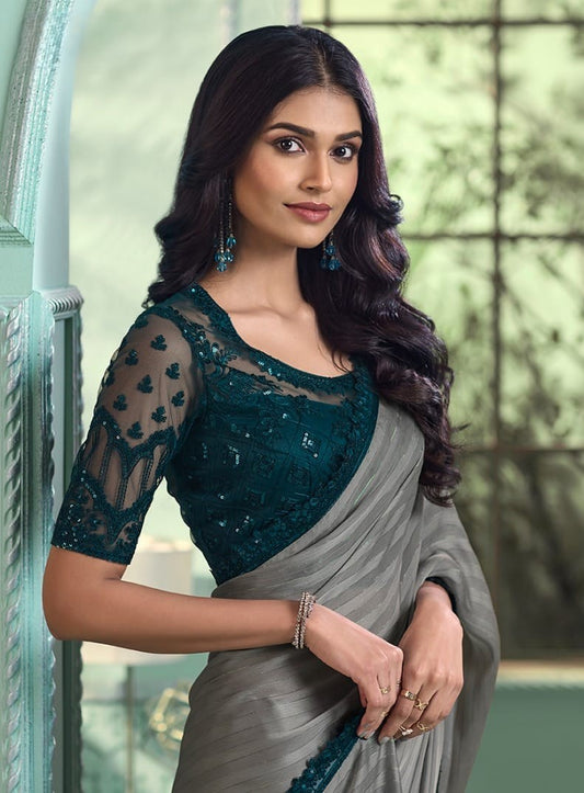 Grey Saree with Peacock Blue Bouse & Border (A16)