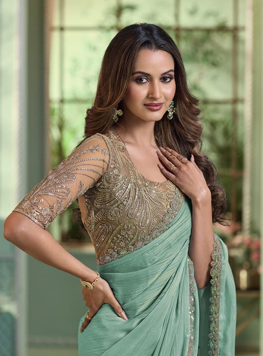 Rich Light Pista Georgette Saree with Classy Bouse for Party Wear (A5)