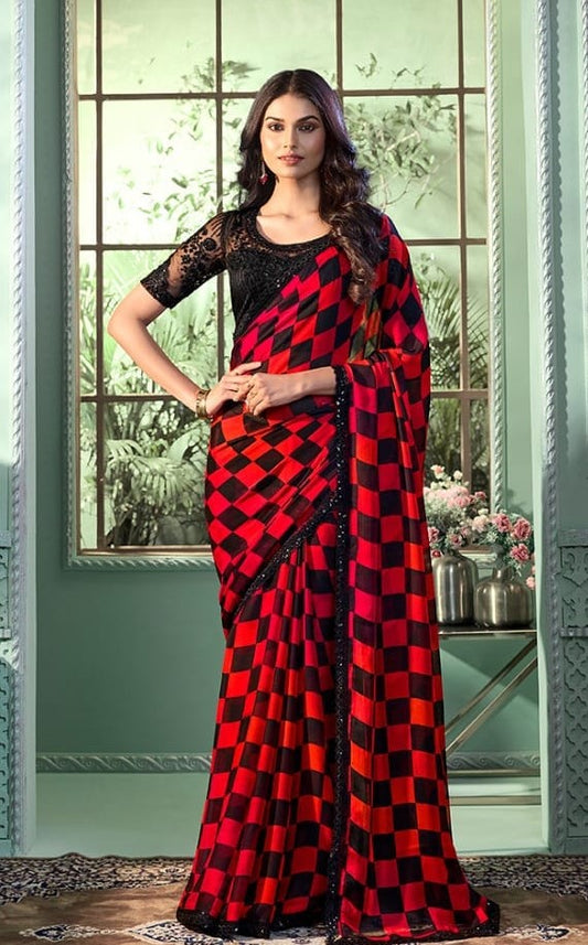 Red & Black Checks Saree with Jet Black Bouse (A12)