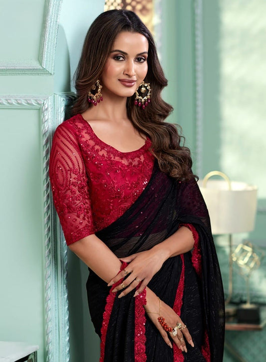 Party Wear Black Saree with Red Bouse & Border (A15)