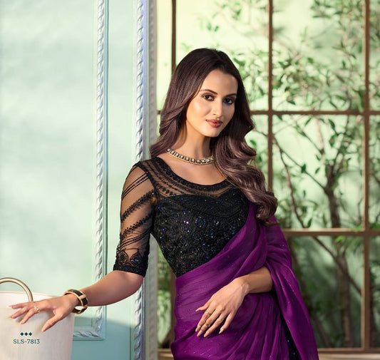 Royal Purple Saree with Beautiful Black Bouse (A13)